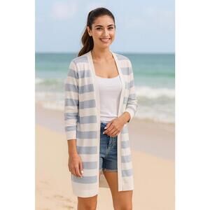 Talbots Sweater Womens Blue White Stripe Open Front Longline Cardigan, MP Petite